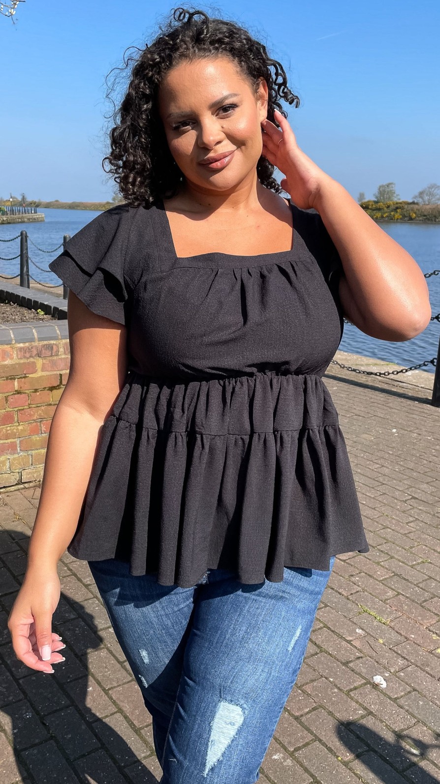 Tops Curvewow  | Curvewow Square Neck Frill Sleeve Top Black