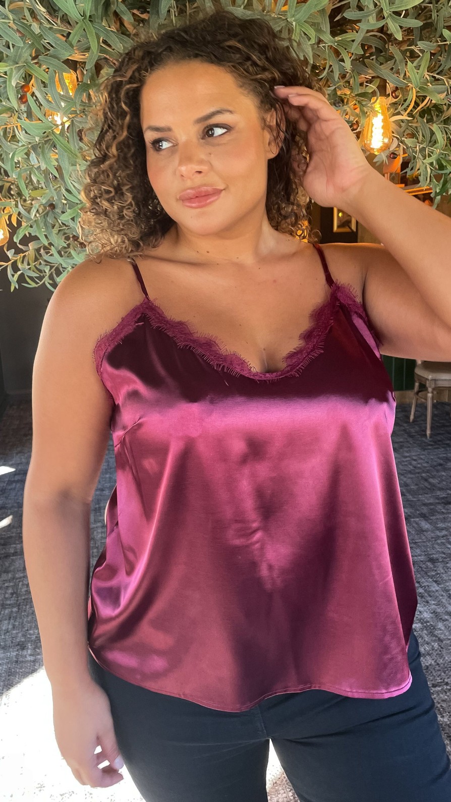 Tops Curvewow  | Curvewow Lace Trim Satin Cami Wine