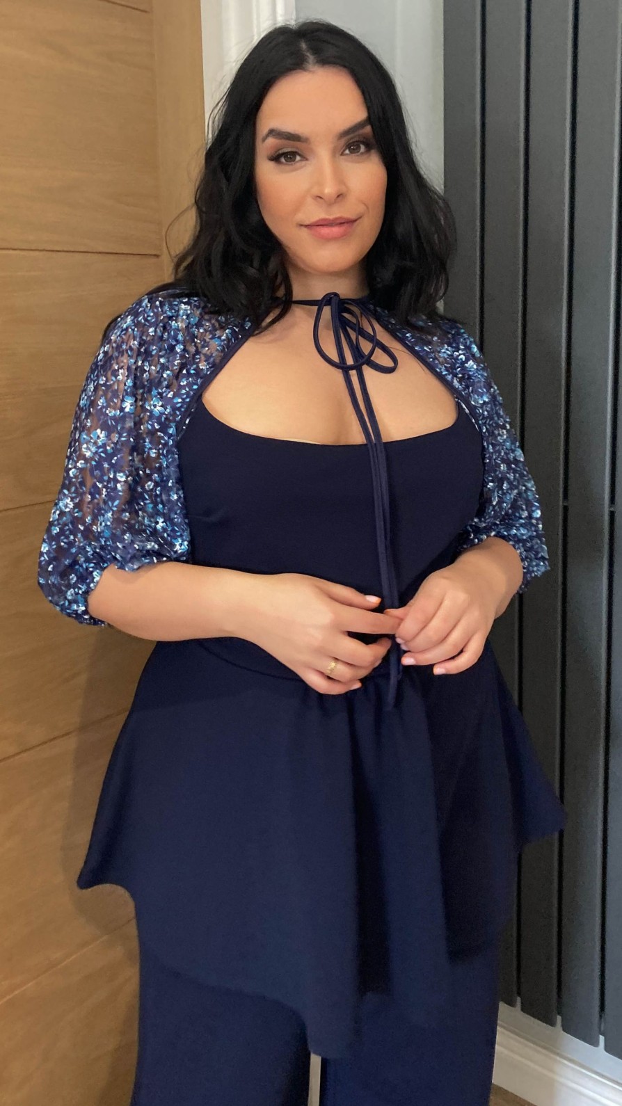 Tops Curvewow  | Curvewow Peplum Top With Mesh Sleeves Navy
