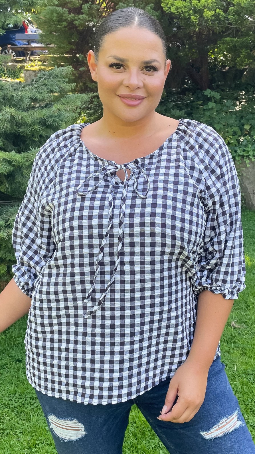 Tops Curvewow  | Curvewow Gingham 3/4 Sleeve Tunic