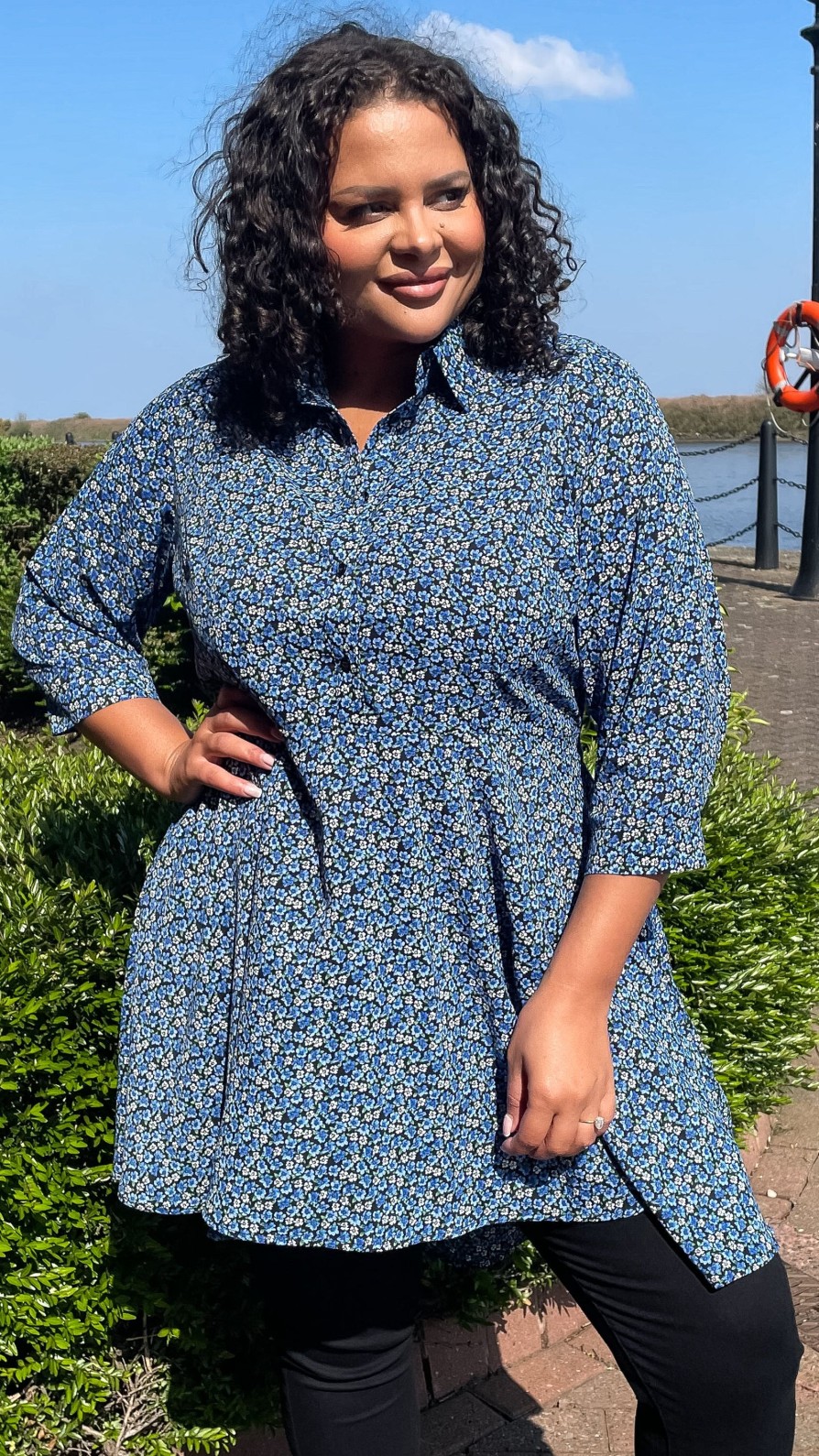 Tops Curvewow  | Curvewow Dipped Hem Smock Shirt Blue Ditsy