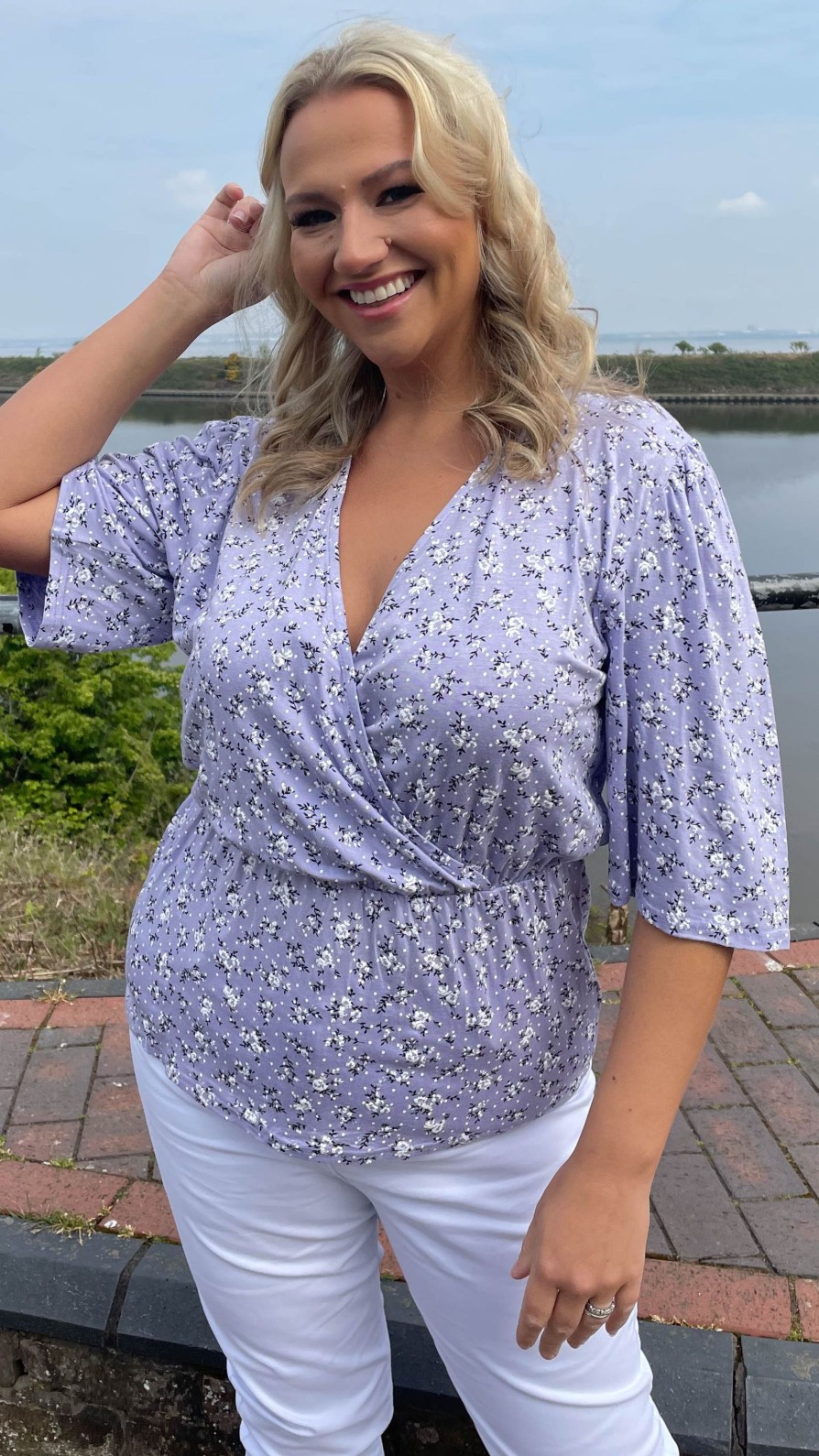Tops Curvewow  | Curvewow Kimono Short Sleeve Top Lilac Floral