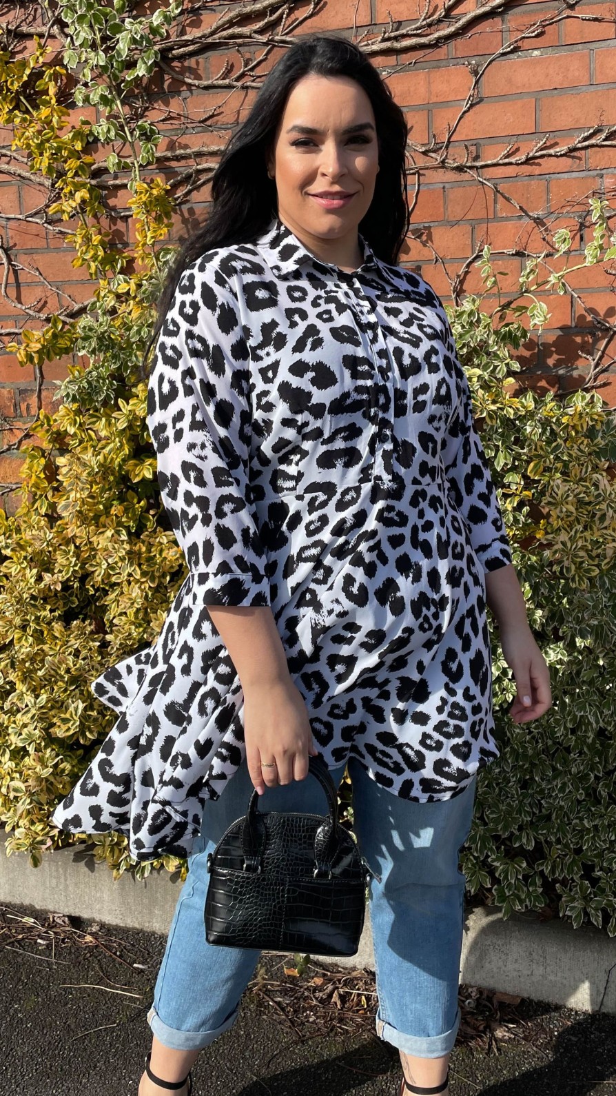 Tops Curvewow  | Curvewow Dipped Hem Smock Shirt Leopard