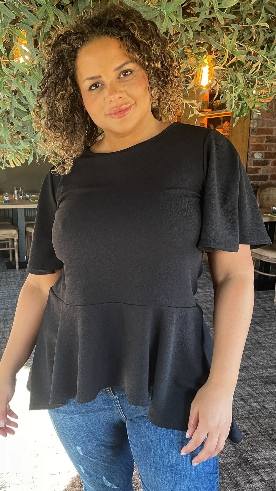 Tops Curvewow  | Curvewow Angel Sleeve Peplum Top Black