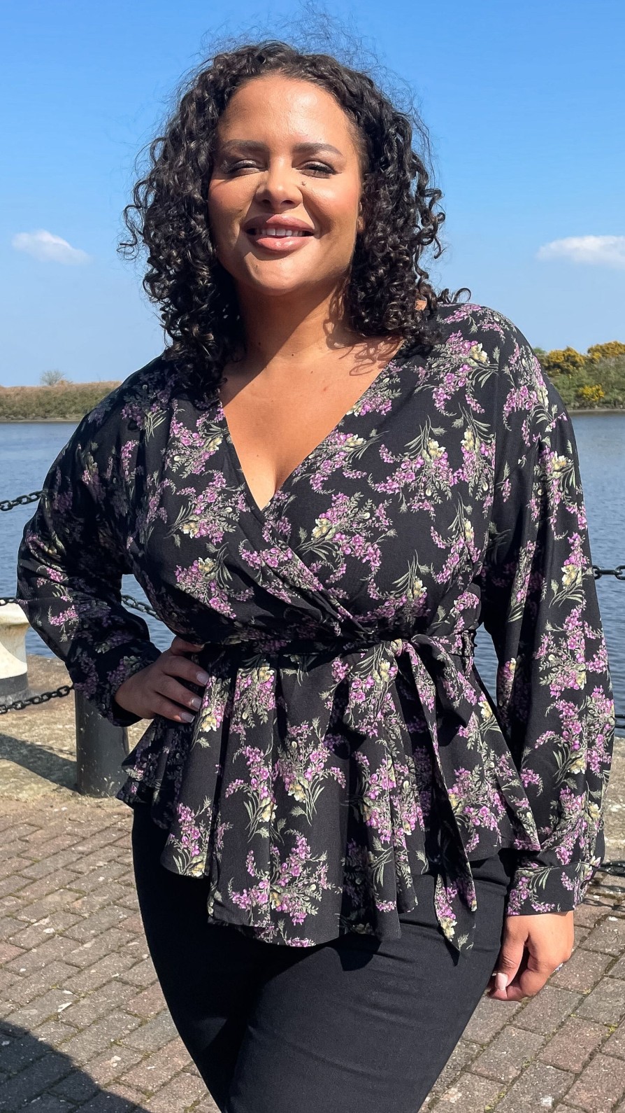 Tops Curvewow  | Curvewow Wrap Blouse Black Floral
