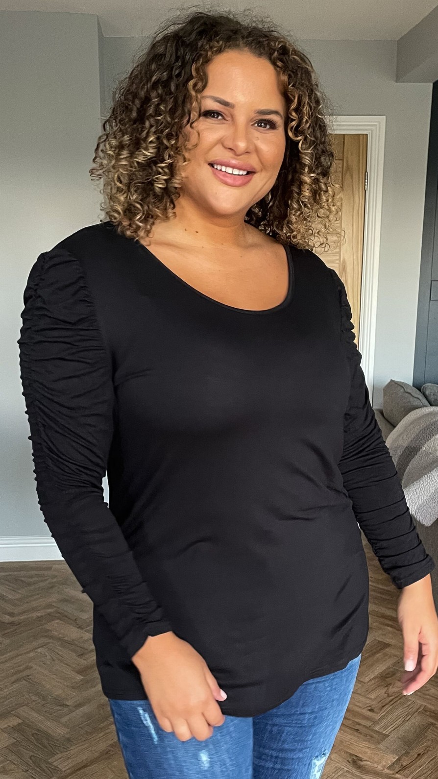Tops Curvewow  | Curvewow Ruched Sleeve Top Black